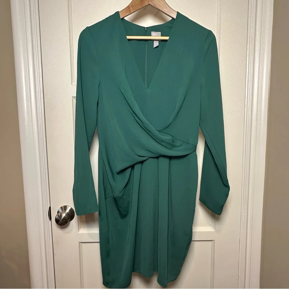 ASOS Design Green Long Sleeve Surplice V Neck Mini Dress - Size 8